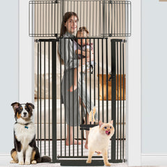 SHYUJAJIE 71-inch extra-tall pet gate with cat door for secure containment.