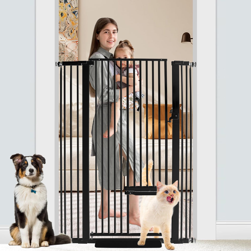 SHYUJAJIE 55-inch extra tall pet gate with cat door protects stairs and doorway