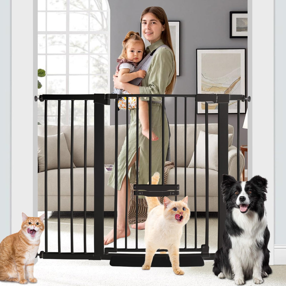 SHYUJAJIE 37-inch tall baby gate with cat door enables easy pet passage.