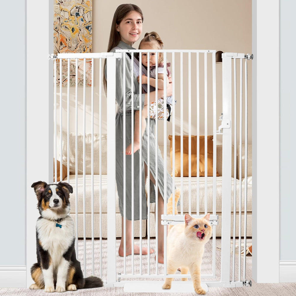 SHYUJAJIE 55-inch tall cat gate with door keeps pets contained safely.