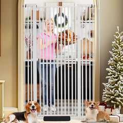 SHYUJAJIE 71-inch extra tall pet gate assembly shows sturdy steel build for secure containment