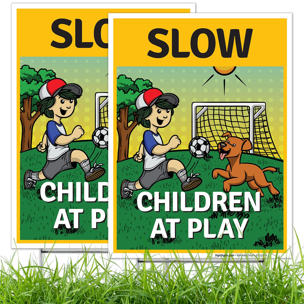 Sigo Signs slow children at play graphic on front double-sided sign improves visibility