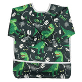 Sigzagor baby bib long sleeved green dinosaurs front view shows full clothing protection