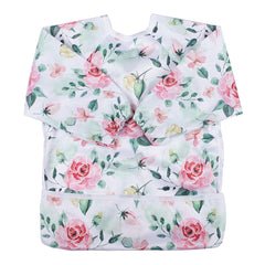 Sigzagor baby bib with pocket and pink flower design keeps clothes clean during meals.