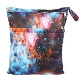 Sigzagor wet dry bag for baby diapers with outer-space design, keeps mess contained.