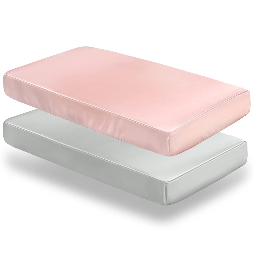 SiinvdaBZX satin crib sheets two-pack front view with silky sleep surface