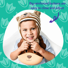 Silly Goose Baby Bear bib shows wide food catcher pocket to keep clothes clean.