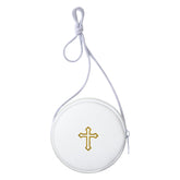 SilTriangle leather communion burse in white round design for dignified processions.