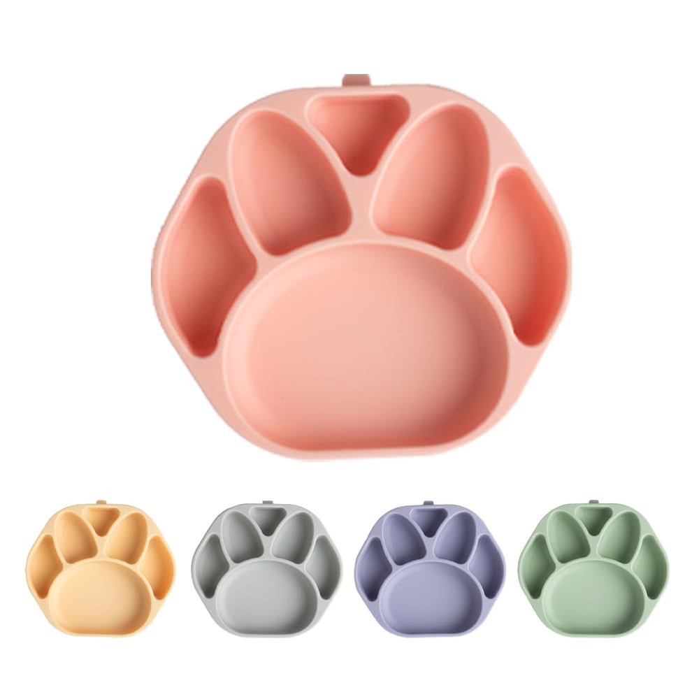 SILUNITY pink bear claw suction plate helps keep mealtime tidy during self feeding