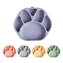 SILUNITY baby plates with suction in purple bear claw, top view promoting mess-free meals.