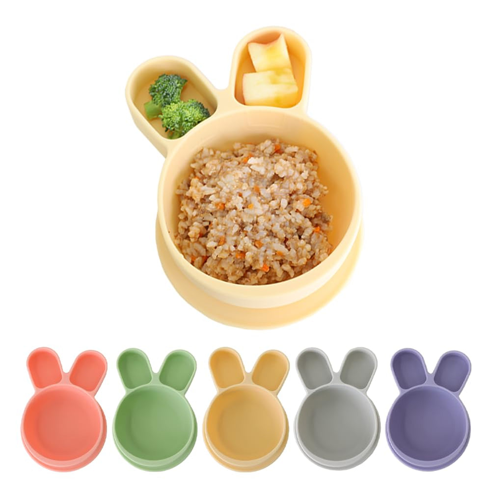 SILUNITY baby plate with suction on table in yellow rabbit design for mess-free feeding