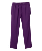Silvert's open-back pants eggplant, front view, easy seated dressing and discreet coverage.