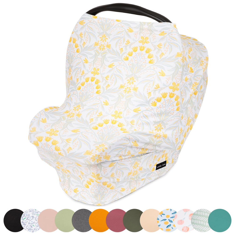 Simka Rose car seat cover with yellow flowers provides versatile baby protection and privacy.