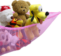 Simple Houseware corner-mount hammock neatly displays plush toys without floor clutter.