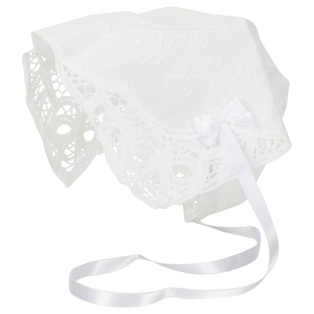 Simply Charming Battenburg bonnet in cotton, a timeless keepsake for cherished homecomings