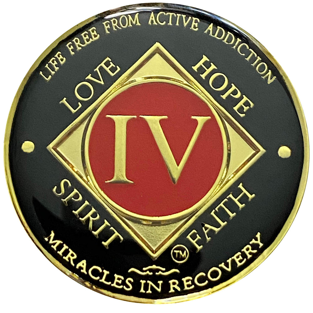 Simply Minimal NA four-year medallion front with gold color plating symbolizing time in recovery