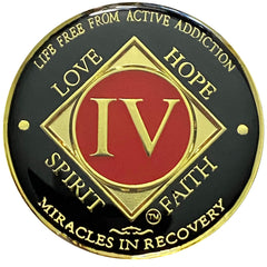 Simply Minimal NA four-year medallion front with gold color plating symbolizing time in recovery