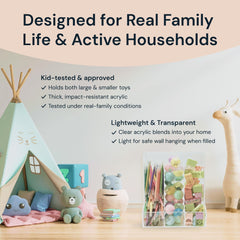 SimplyImagine clear wall organizer demonstrates stylish, space-saving decor and quick item identification.