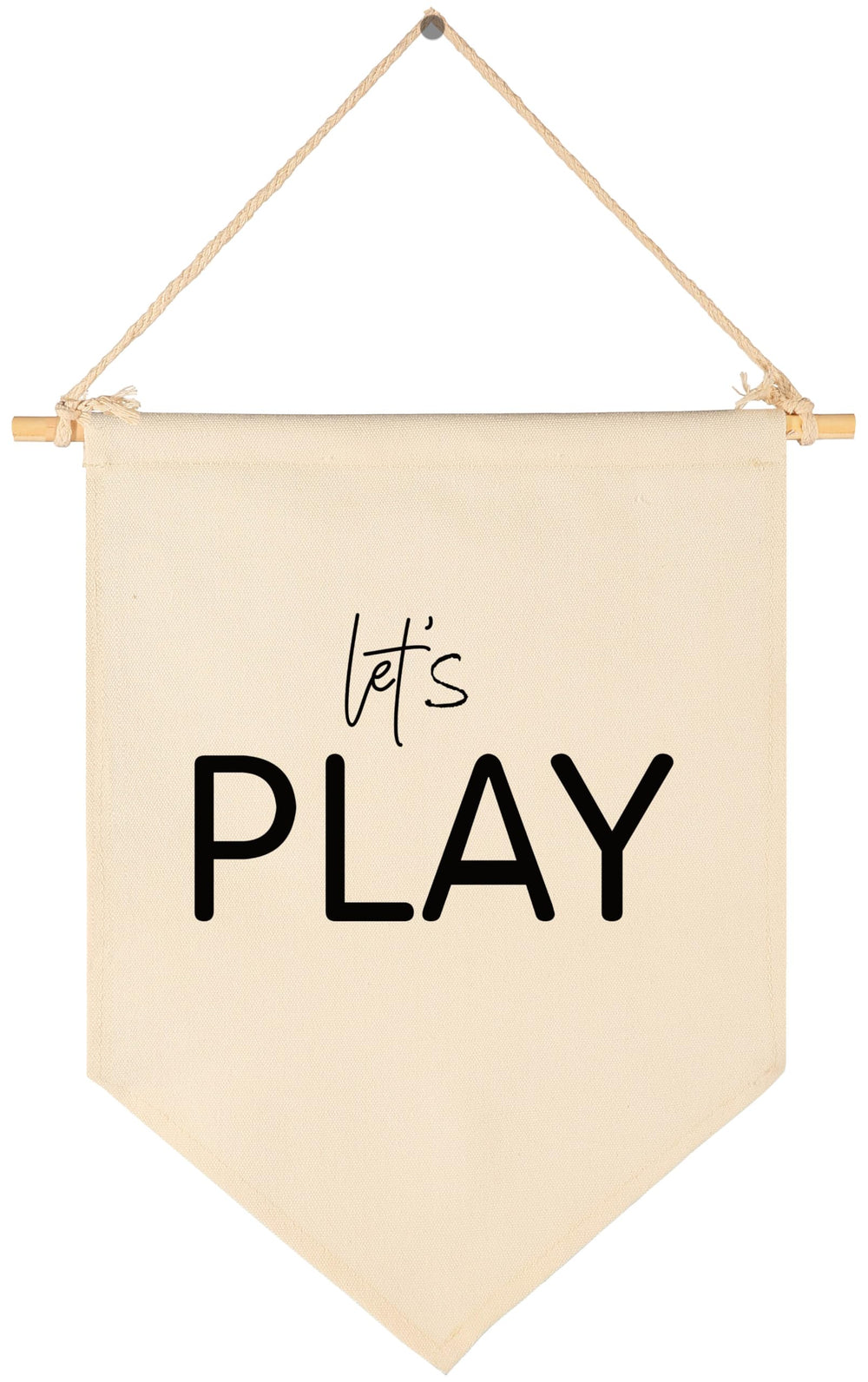 Sioial Lets Play banner hanging above crib adds playful nursery charm.