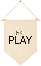 Sioial Lets Play banner hanging above crib adds playful nursery charm.