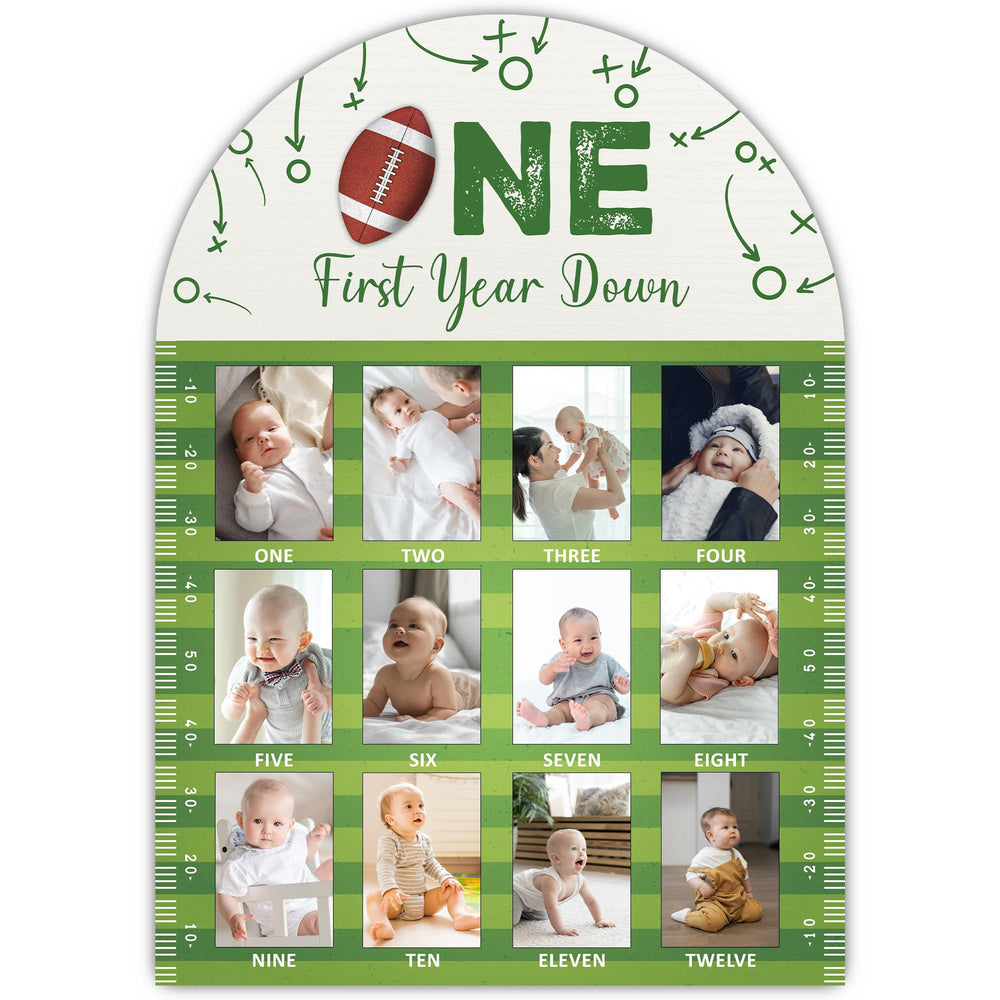 SIXEIGHT football milestone board featuring monthly photos for lasting baby memories.