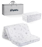SJEUQOP trifold pack and play mattress folded for travel and storage.