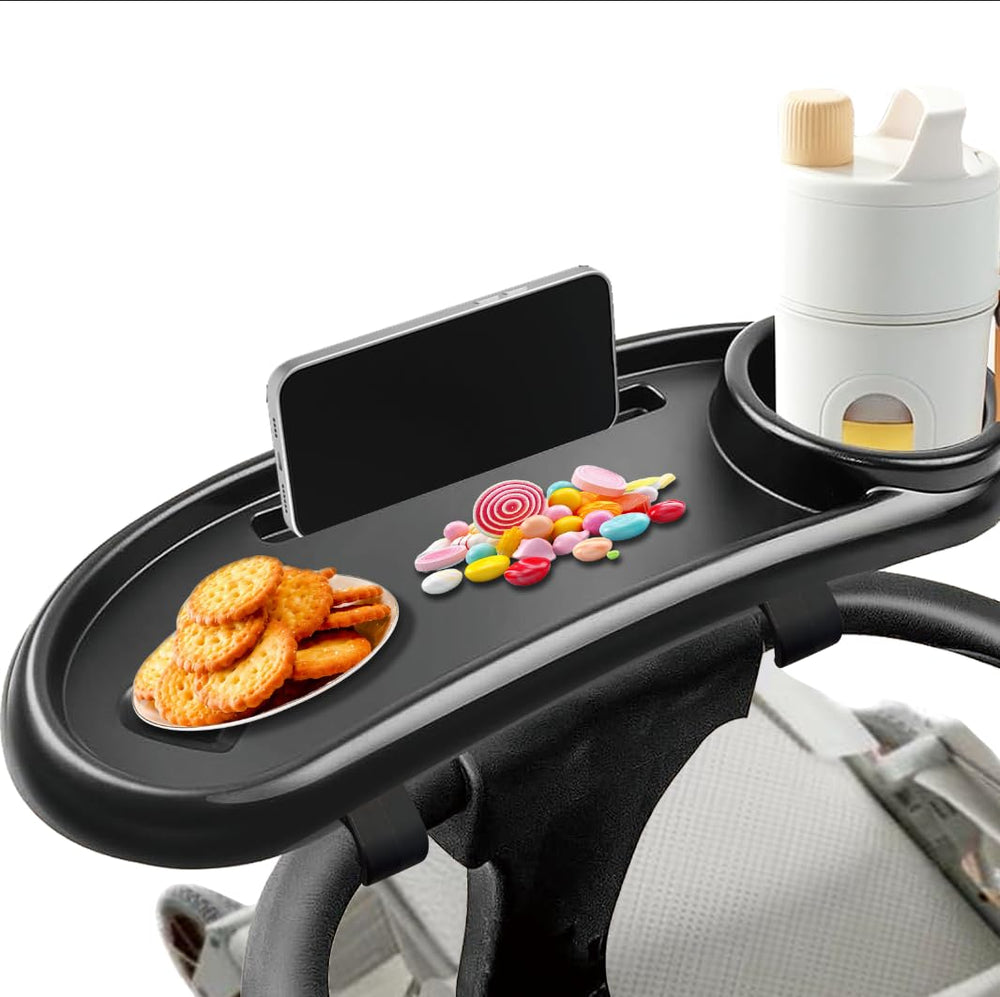 Sjxsimwoo 3-in-1 stroller snack tray keeps snacks within reach for baby.