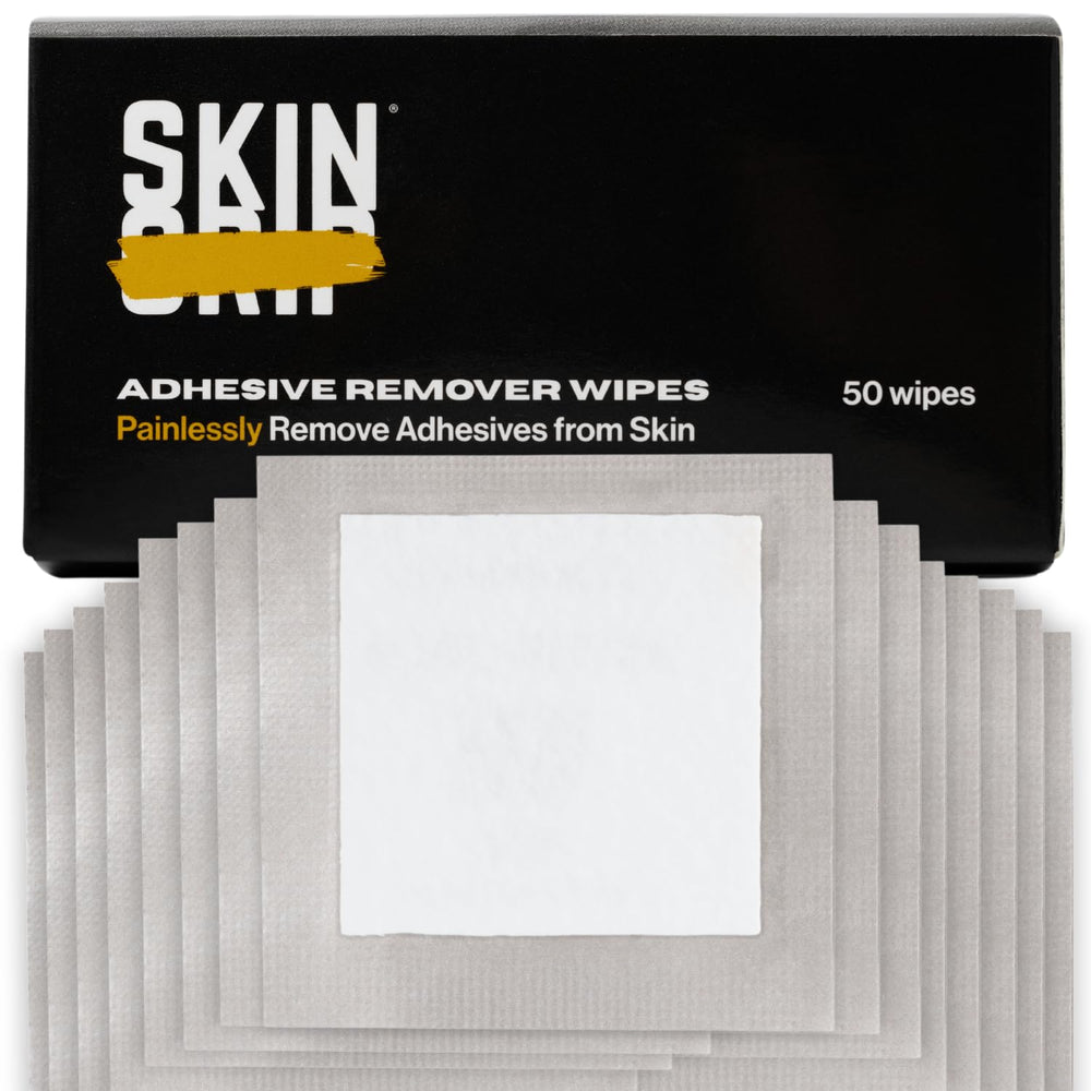 Skin Grip adhesive remover wipes package closeup for easy removal.