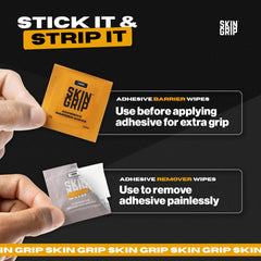 Skin Grip travel-friendly wipes shown in pouch emphasize mess-free use.