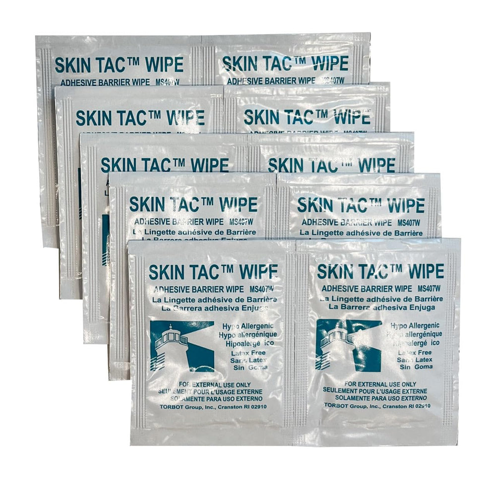 Skin-Tac Adhesive Barrier Wipes packaging demonstrates portable skin prep for adhesives and dressings