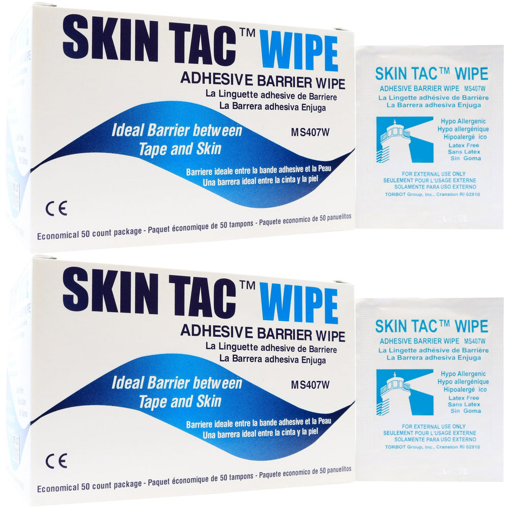 Skin-Tac adhesive barrier wipes packaging, two boxes, convenient skin prep.