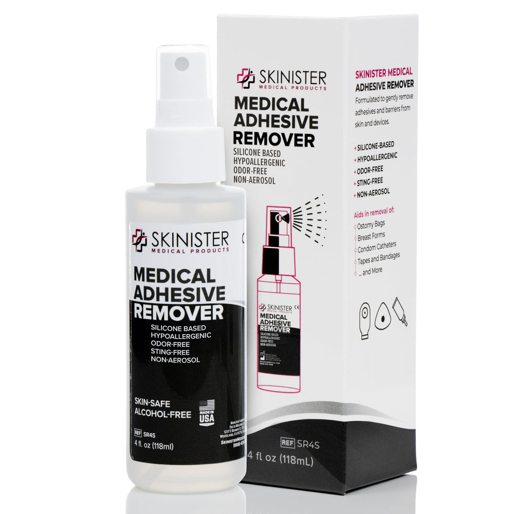 Skinister medical adhesive remover spray bottle facilitating gentle removal of adhesives.
