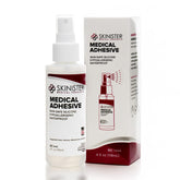 Skinister medical adhesive spray bottle shows secure bonding for ostomy supplies.