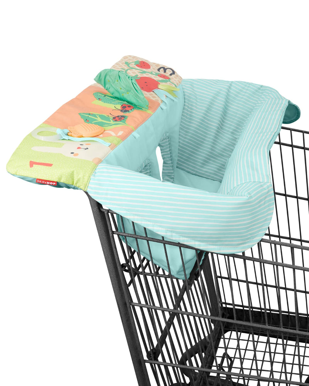 Skip Hop Farmstand cart cover on a grocery cart for a clean surface.