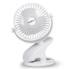 SkyGenius battery-operated clip-on fan offering portable cooling on the go.