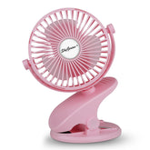 SkyGenius battery operated clip-on fan pink front view ideal for stroller cooling during outings