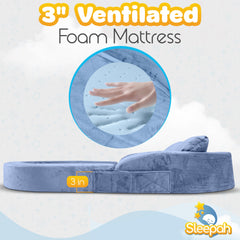 Sleepah travel bed foam core and raised bumpers for toddler comfort.