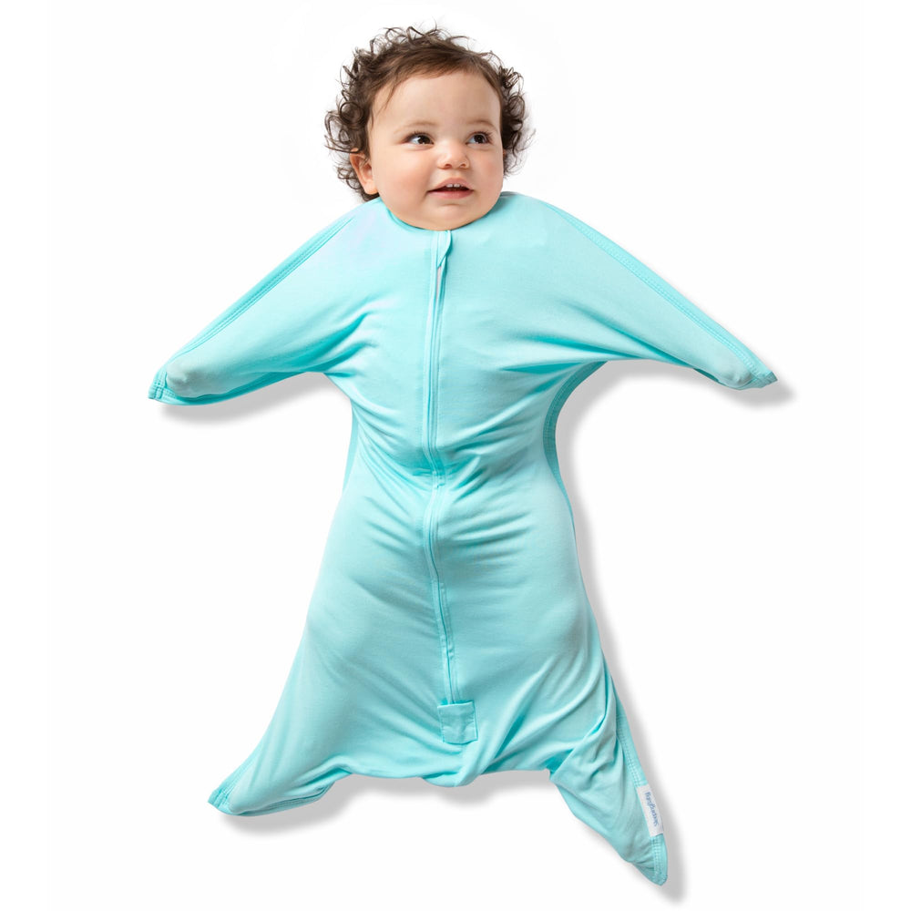 SleepingBaby Bamboo Zipadee-Zip Sea Glass swaddle for secure, cozy sleep.