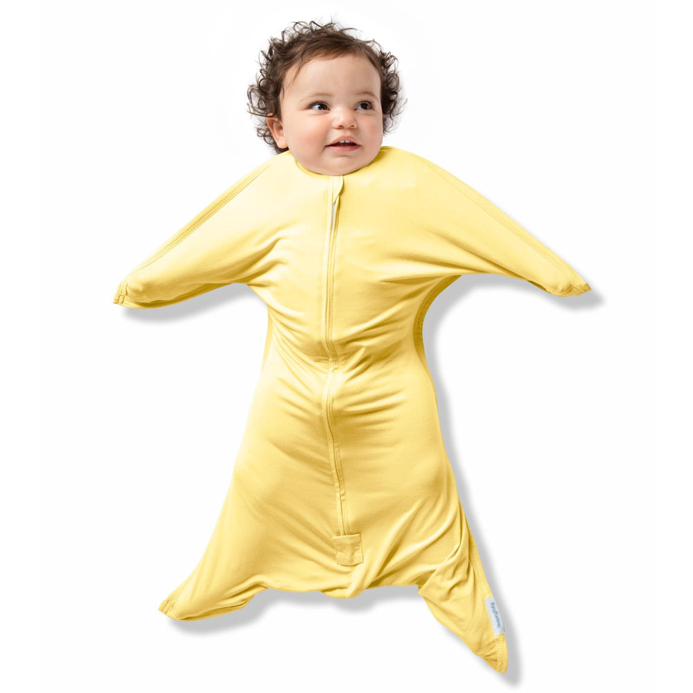 SleepingBaby Bamboo Zipadee-Zip Sunshine front view shows secure, cozy wrap for restful nights.