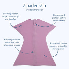 SleepingBaby Zipadee-Zip features a zipper for quick diaper changes.