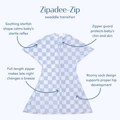 SleepingBaby Zipadee-Zip swaddle shows zipper for quick diaper changes at night.