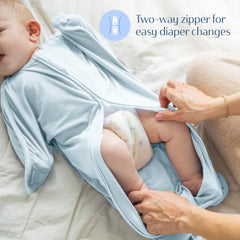 SleepingBaby Swaddle with zipper guards shows safe access during changes
