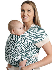 S.Leovay zebra-striped baby wrap front view for bold style and everyday comfort.