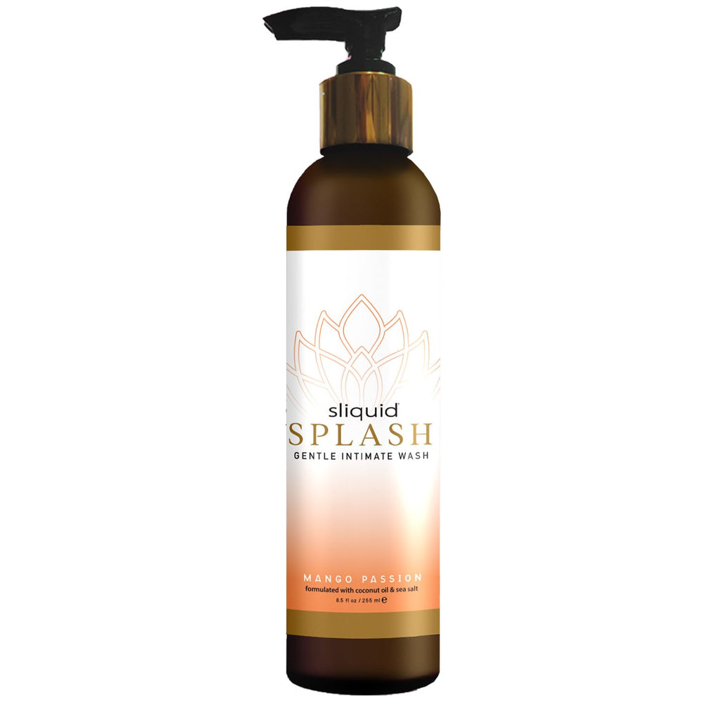 Sliquid Splash Mango Passion bottle highlights gentle, pH-balanced cleansing for intimate care.