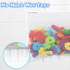 Slonser corner mesh bag toy holder secures tub toys within reach.