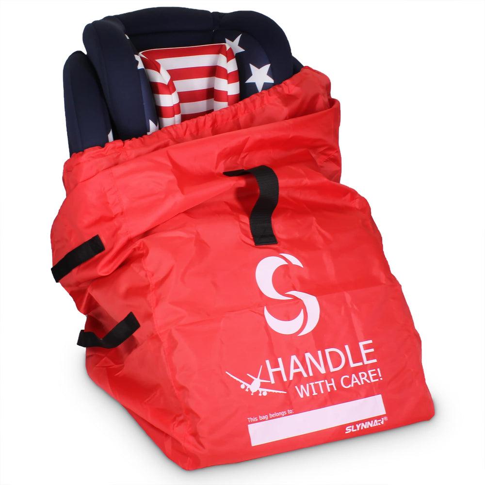 SLYNNAR red upgrade car seat travel bag folded in its pouch for easy storage