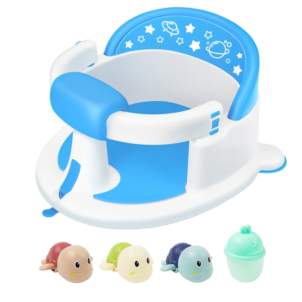 SMGZG baby bath seat blue front view shows a safe, supportive bath position