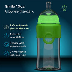 Smilo 10oz glow-in-the-dark bottle aiding night feeding.