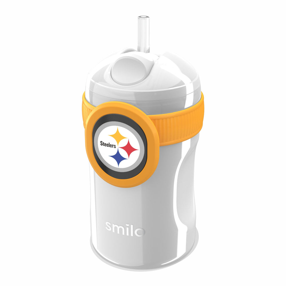 Smilo Steelers cup with tilt-proof lid for mess-free sipping on the go.