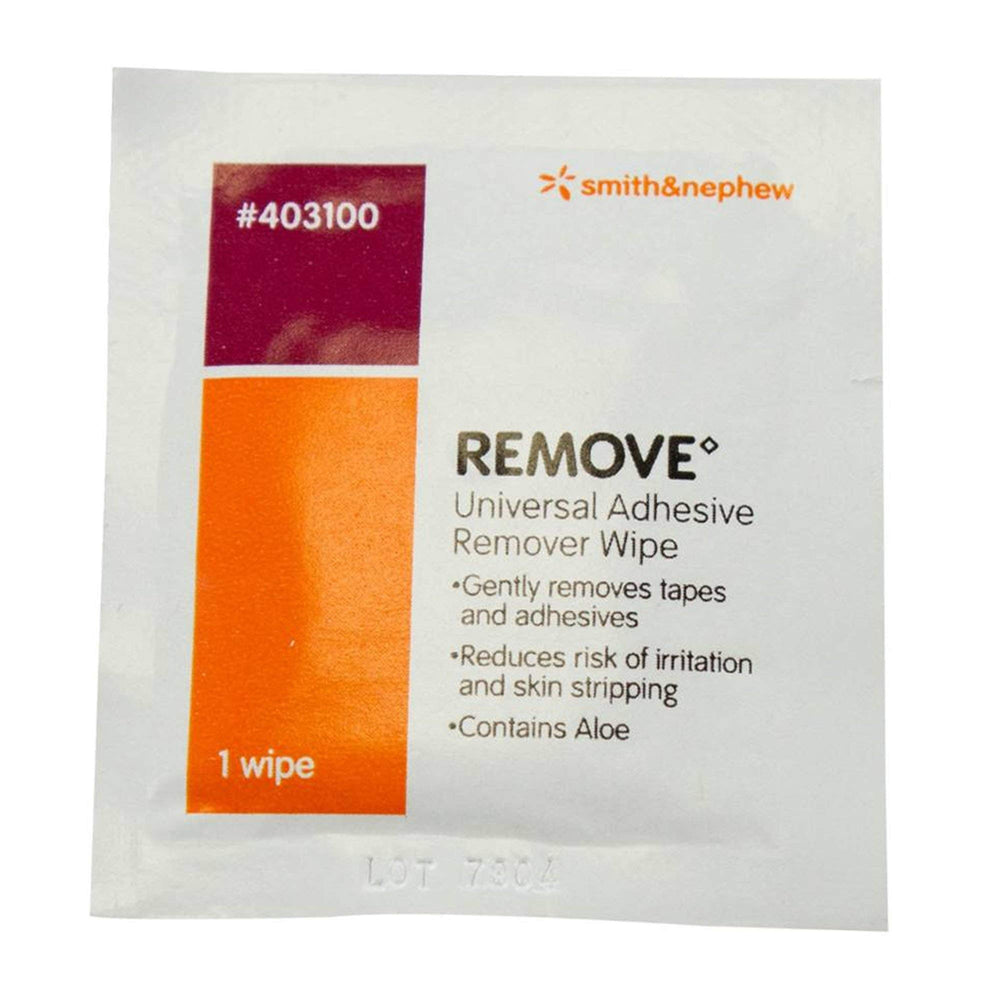 Smith & Nephew Remove Adhesive Remover Wipes pack front, gentle residue cleanup for skin.
